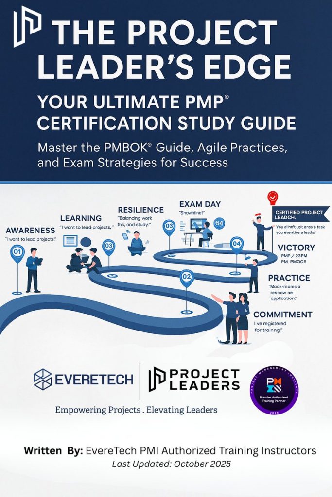 Promotional graphic for “The Project Leader’s Edge: Your Ultimate PMP® Certification Study Guide.” The design features a bold title at the top, followed by the tagline: “Master the PMBOK® Guide, Agile Practices, and Exam Strategies for Success.” A visual roadmap runs across the center with labeled milestones: Awareness, Learning, Resilience, Exam Day, Practice, Commitment, and Victory. The bottom section includes the EvereTech and Project Leaders logos, PMI Authorized Training Partner badge, and text stating: “Written by EvereTech PMI Authorized Training Instructors